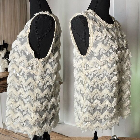 Anthropologie BLUE TASSEL Ivory Semi Sheer Top Sleeveless Embellished - Picture 3 of 10